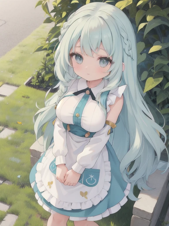 (best quality:1.1),(ultra detailed:1.1),solo,looking at viewer,Guel,light green hair,long hair,braid,gray eyes,wavy hair,large breasts, arms beside the body, portrait, {{{blue white short sexy apron}}},{{{naked}}}, {{{{{crossed legs}}}}} , {{{{{{{{standing}}}}}}}}}, 