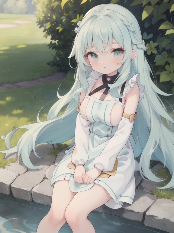 (best quality:1.1),(ultra detailed:1.1),solo,looking at viewer,Guel,light green hair,long hair,braid,gray eyes,wavy hair,large breasts, arms beside the body, portrait, {{{blue white short sexy apron}}},{{{naked}}}, {{{{{crossed legs}}}}} , {{{{{{{{standing}}}}}}}}}, 