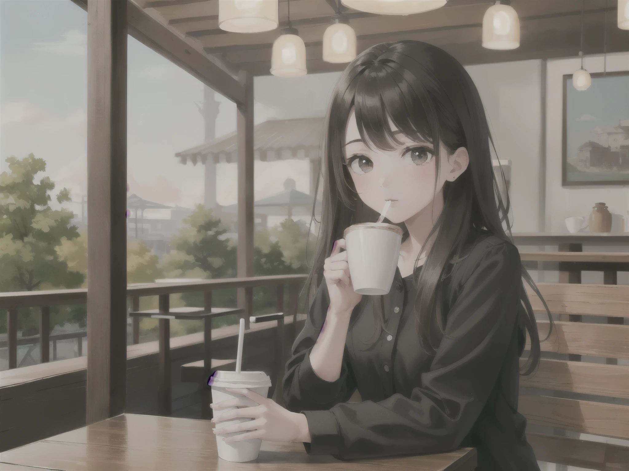 (8K, highest quality, masterpiece:1.2),(highest quality:1.0),ultra high resolution:1.0, very detailed, give, 4k, disorganized, HDR,
Young girl drinking coffee in a coffee shop, outdoor,