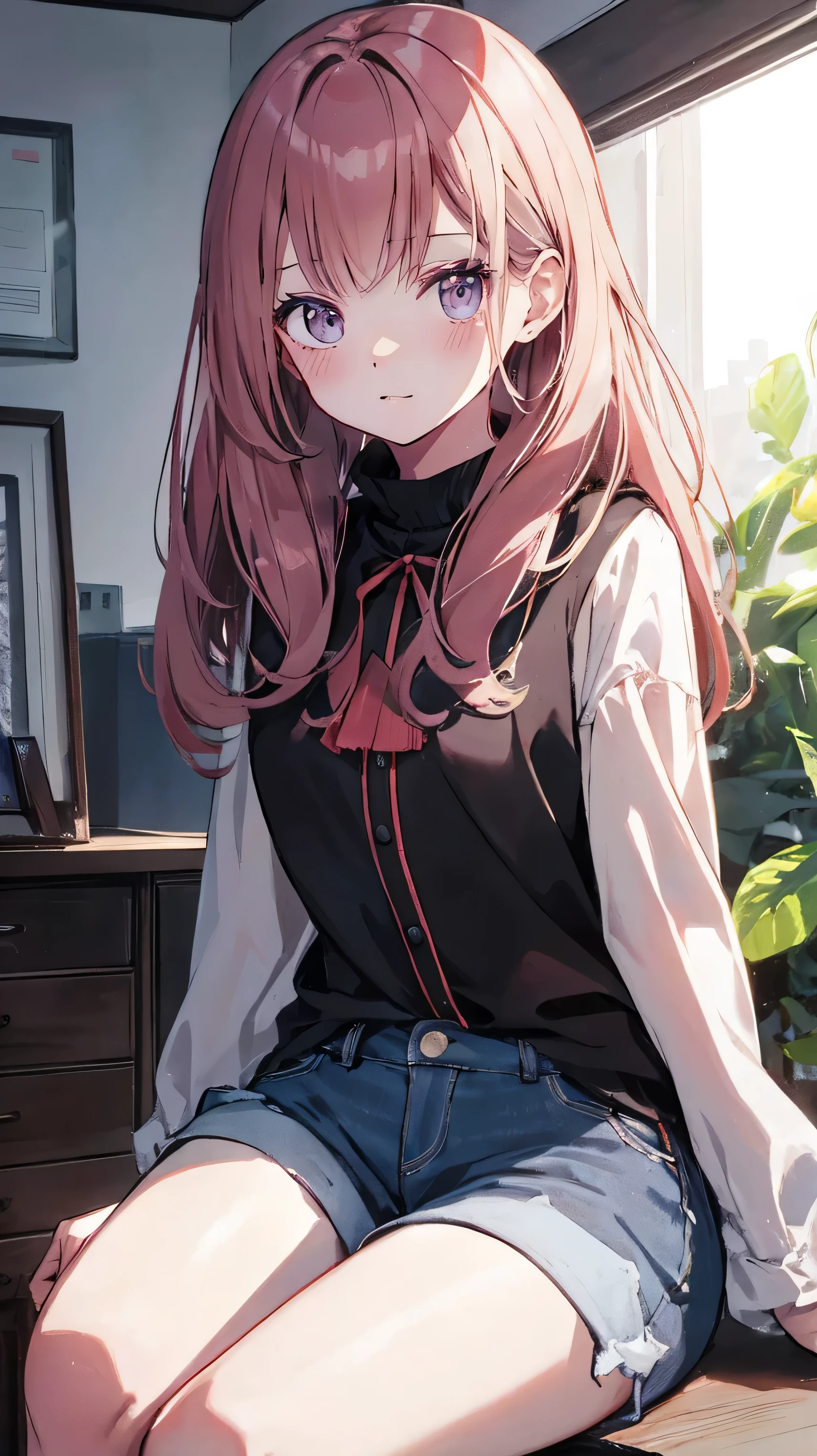 master piece、Highest image quality、highest quality、 ((panic))、glossy hair quality、small face、sitting、Super detailed and beautiful bright eyes、Super detailed clear and beautiful face、(cute illustration:1.2), High-resolution, ultra-detailed, best quality, embarrassed、(Gaps in shorts)