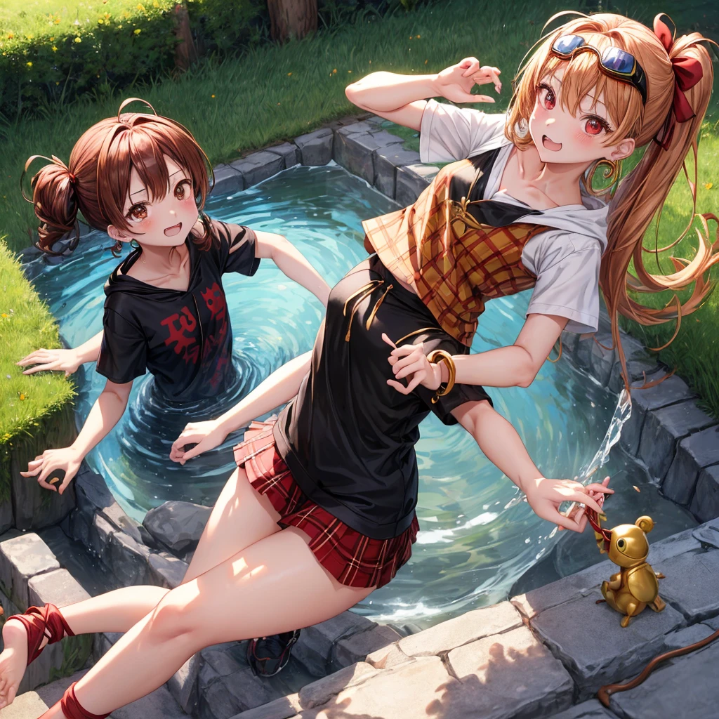 Brown, red, gold, golden hair、red eyes、one good looking girl、solo、anime、plaid mini skirt、black camisole、black t-shirt、hoodie、wearing a ribbon、ribbon at waist、Crystal Earrings、treasure石のネックレス、Light and shadow、Tilting face、teeth are visible、pillar、kind face、Kuroko、Diamond dust、grassland、Water running down the stairs、overflowing、Ants are walking、sulking、is increasing、treasure、Hope、wearing goggles on head