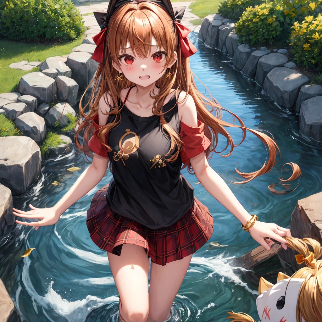 Brown, red, gold, golden hair、red eyes、one good looking girl、solo、anime、plaid mini skirt、black camisole、black t-shirt、hoodie、wearing a ribbon、ribbon at waist、Crystal Earrings、treasure石のネックレス、Light and shadow、Tilting face、teeth are visible、pillar、kind face、Kuroko、Diamond dust、grassland、Water running down the stairs、overflowing、Ants are walking、sulking、is increasing、treasure、Hope、wearing goggles on head