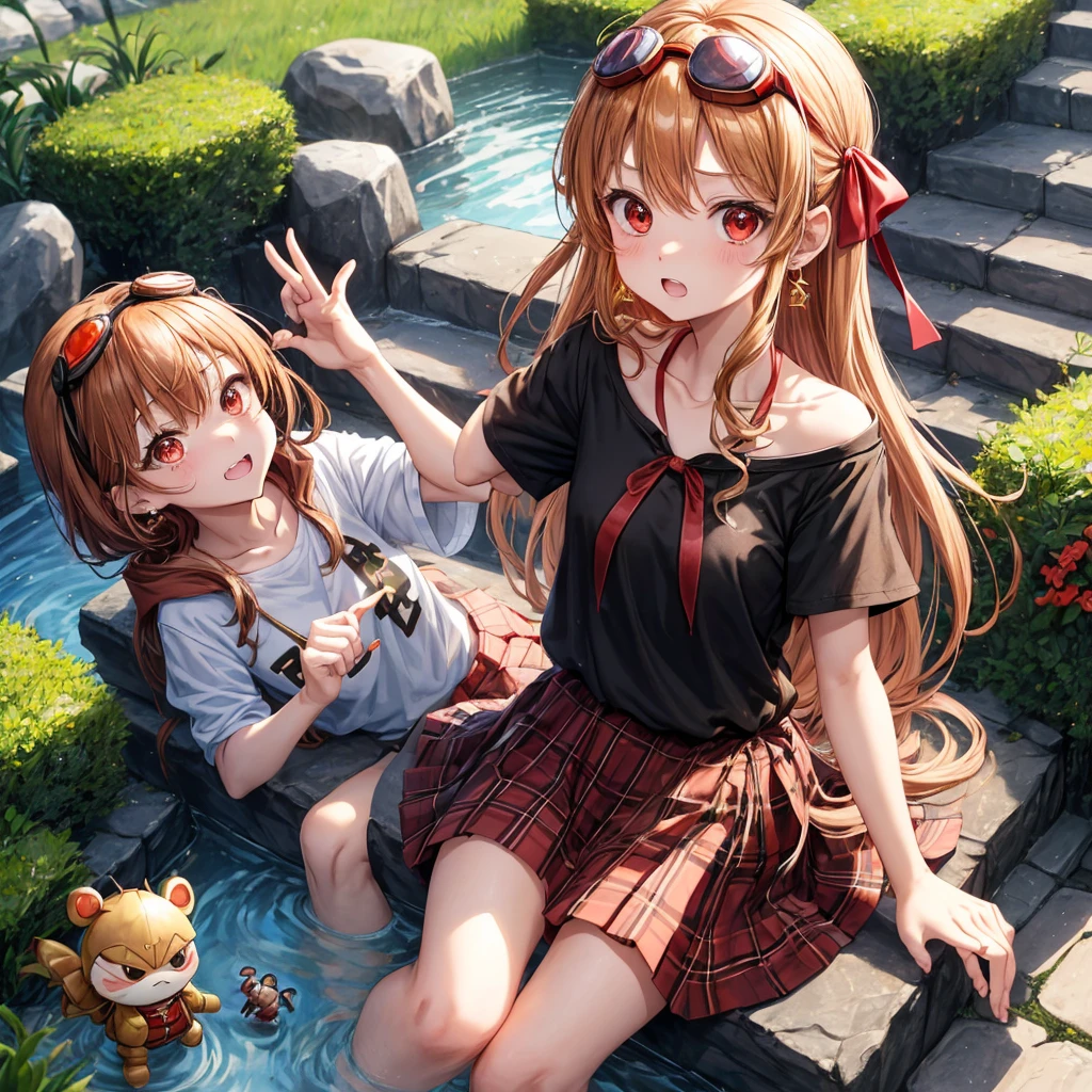 Brown, red, gold, golden hair、red eyes、one good looking girl、solo、anime、plaid mini skirt、black camisole、black t-shirt、hoodie、wearing a ribbon、ribbon at waist、Crystal Earrings、treasure石のネックレス、Light and shadow、Tilting face、teeth are visible、pillar、kind face、Kuroko、Diamond dust、grassland、Water running down the stairs、overflowing、Ants are walking、sulking、is increasing、treasure、Hope、wearing goggles on head