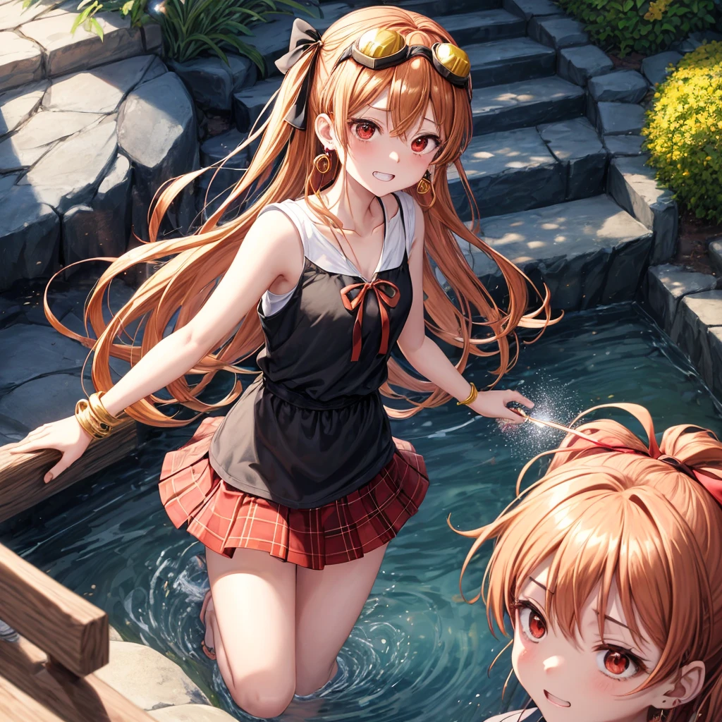 Brown, red, gold, golden hair、red eyes、one good looking girl、solo、anime、plaid mini skirt、black camisole、black t-shirt、hoodie、wearing a ribbon、ribbon at waist、Crystal Earrings、treasure石のネックレス、Light and shadow、Tilting face、teeth are visible、pillar、kind face、Kuroko、Diamond dust、grassland、Water running down the stairs、overflowing、Ants are walking、sulking、is increasing、treasure、Hope、wearing goggles on head