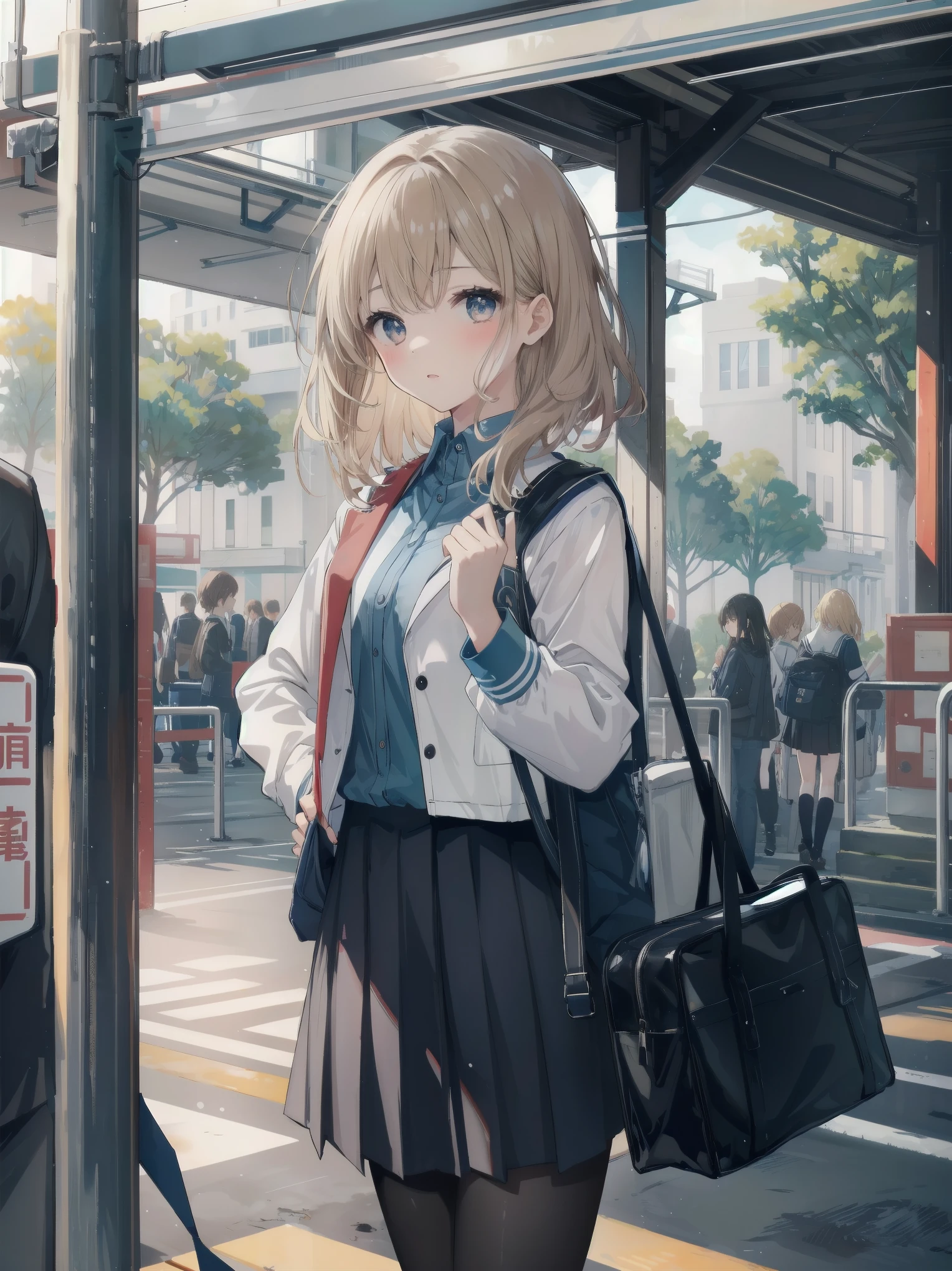 1 girl、spring、high school student、uniform、warm color、Commuting to school、Accurate and highly detailed backgrounds、cute