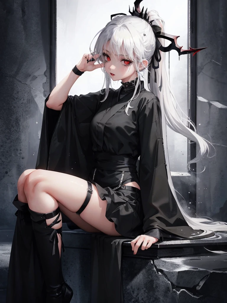 Masterpiece, best quality, high quality, ultra detailed, 1girl, looking at viewer, white hair, gray eyes, black lipstick, black shirt, sitting on a white floor, demon girl, gothcore, 1 3 - year - old, goth girl, japanese gothic, gothic punk style, black metal style, hands on head,.yurikiss、Girl kissing girl、red eyes、young girl、