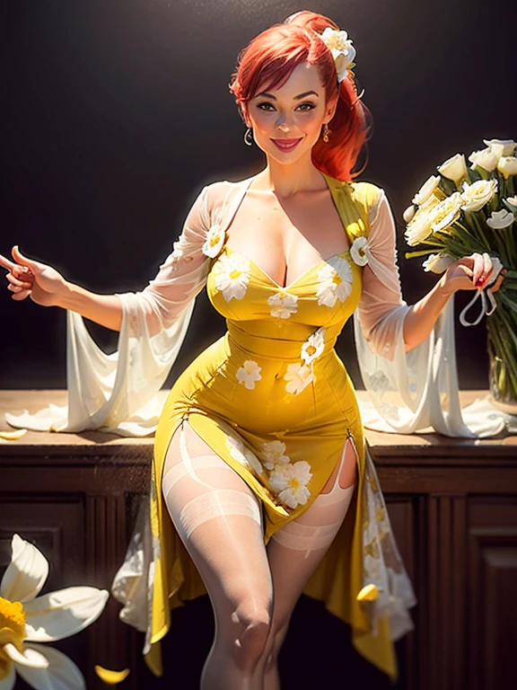 woman, 32 years-old,vintage pin-up,red hair,bangs,ponytail,little smile,((((slit yellow dress printed with white flowers)))),(((sheer pantyhose))),photographic studio scenario