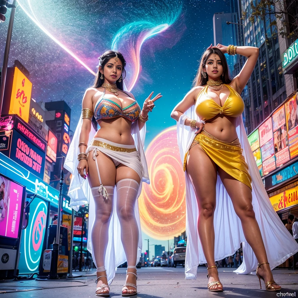 Two Indian women, wearing Indian traditional costume, bikini and white boyshort pantyhose, Swirls of cosmic neon rays float around NYC streets