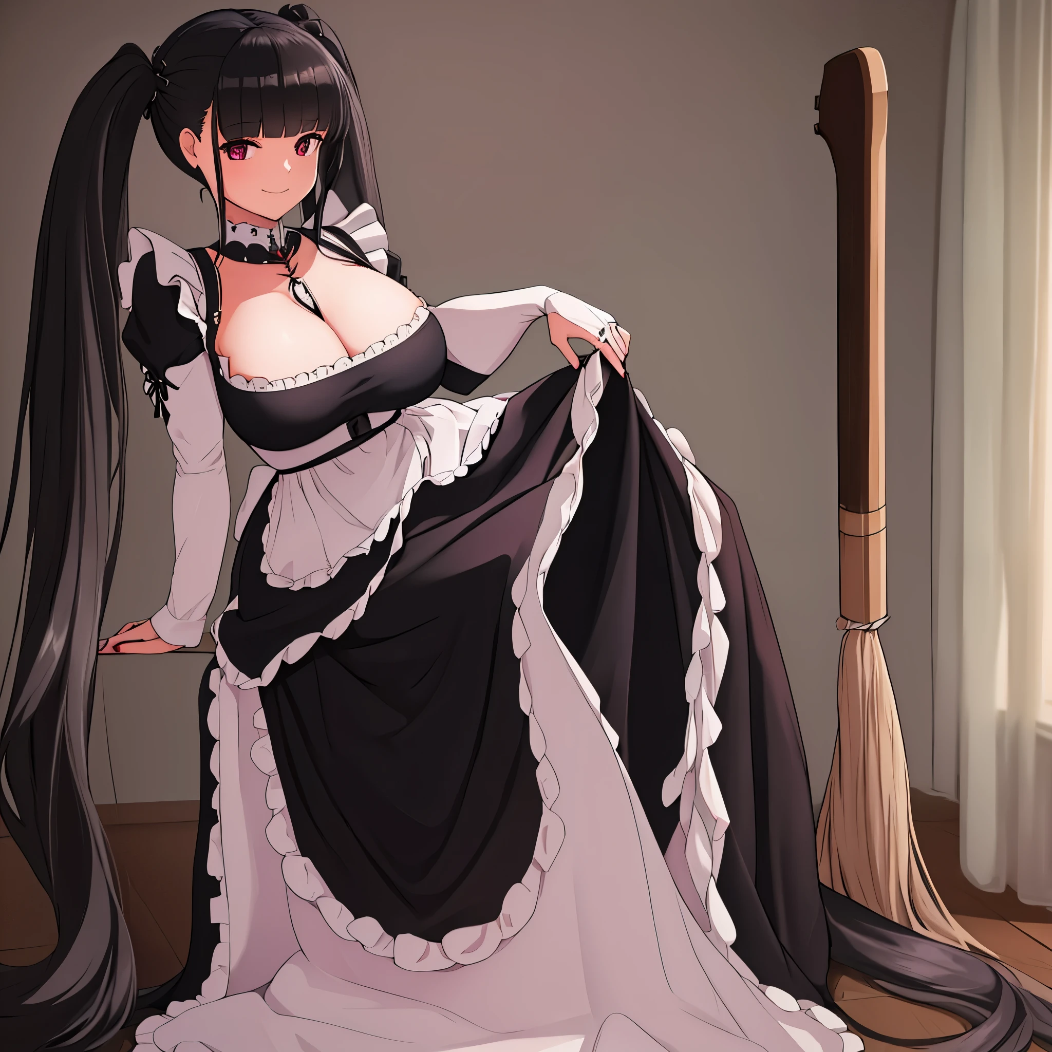 A woman wearing a maid dress, long skirt, holding a mop, full body, long stockings, long black hair, long pigtails, burgundy eyes, big breasts, smiling, in a modern room.HDR, masterpiece, well defined, ultra resolution, high quality, 8k HD. (just a woman, solo)
