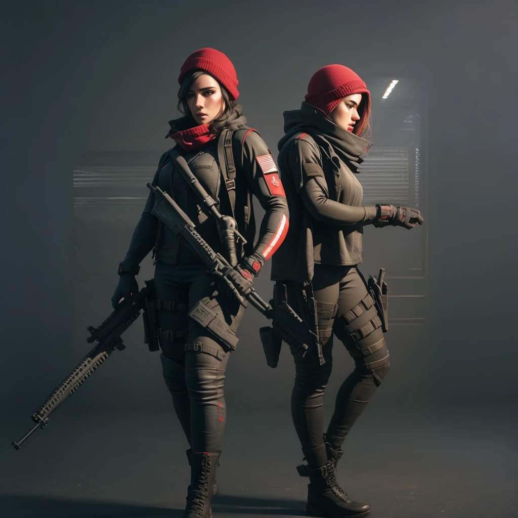 circular brand with red and white color scheme inspired in Call of Duty saga and military style with a girl operator full body in tactical gear and a two wolf in the middle of the logo, (1girl:1.5)