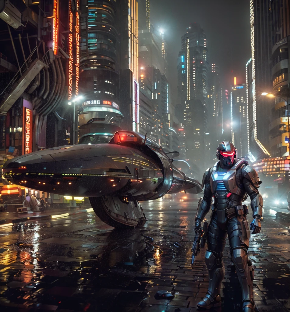 
quickly: Cyberpunk street patrol setting:

Rio de janeiro, Brazil - Year (Distant future, If you have a desired year，Please specify year).
time: night.
weather: it&#39;s foggy, The wet streets reflect the neon lights of the city.
figure:

Officer X-17: A heavily armored robot type. Their cybernetic enhancements are evident, Maybe with glowing red eyes and metal limbs.
vip spaceship: a smooth one, An otherworldly spaceship just landed on the street, its presence dwarfs surrounding buildings. The ship&#39;s design hints at the immense wealth and importance of its owner.
detail:

The scene is a cyberpunk street, A towering mix of chaos, Neon skyscrapers and dirty alleys. Holographic ads flash on buildings, Cast colorful lights onto wet pavement.
Officer X-17 patrols the street with a stoic demeanor, Every step they take echoes off the smooth surface. Their advanced goggles can scan the environment, Look for any signs of trouble.
VIP spacecraft dominates the scene, Its undercarriage left ???? marks on the street. hatch open, The red carpet unfolds dramatically, 暗示一個強大而神秘的figure的到來.
