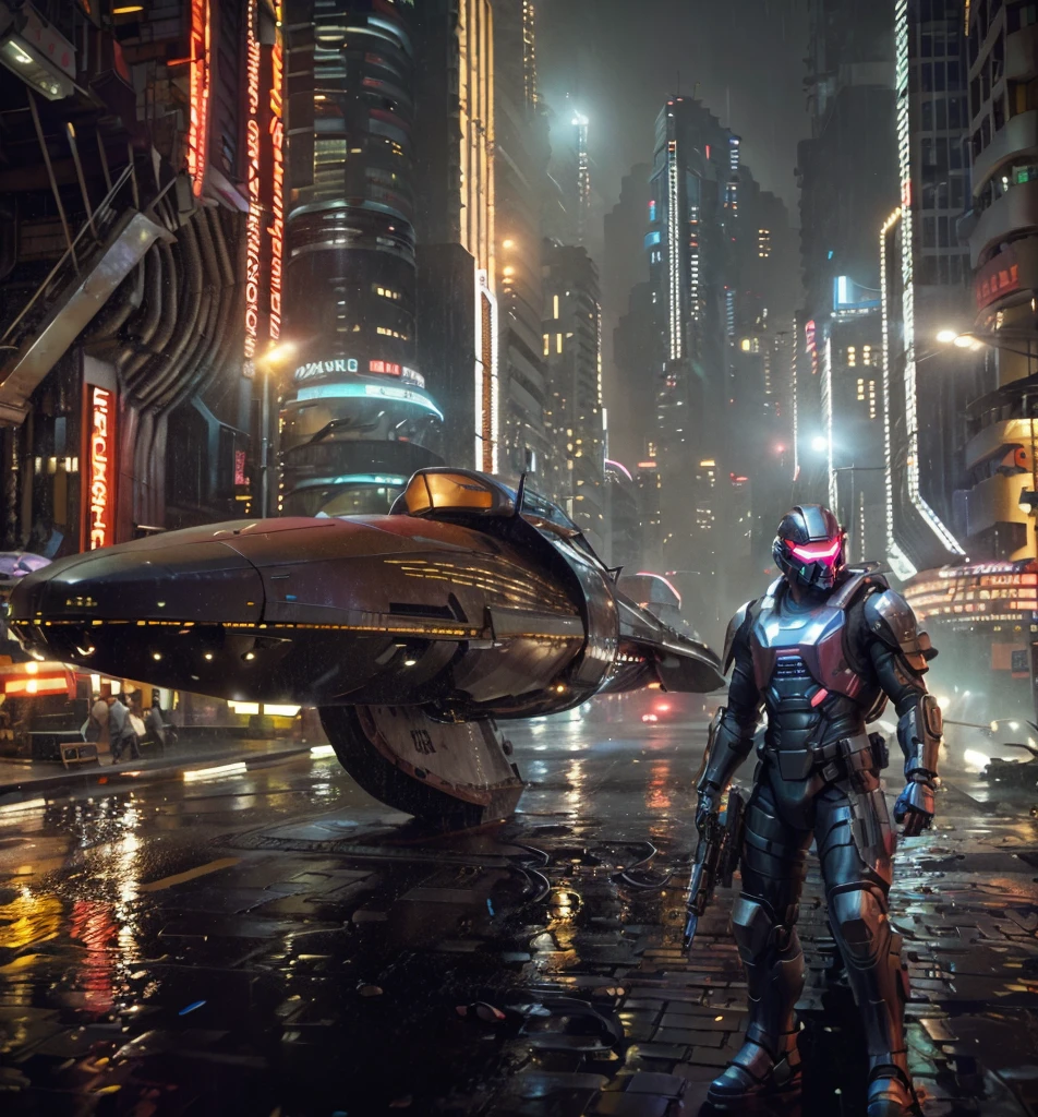 quickly: Cyberpunk street patrol setting:
Rio de janeiro, Brazil - Year (Distant future, If you have a desired year,Please specify year).
time: night.
weather: it's foggy, The wet streets reflect the neon lights of the city.
figure:
Officer X-17: A heavily armored robot type. Their cybernetic enhancements are evident, Maybe with glowing red eyes and metal limbs.
vip spaceship: a smooth one, An otherworldly spaceship just landed on the street, its presence dwarfs surrounding buildings. The ship's design hints at the immense wealth and importance of its owner.
detail:
The scene is a cyberpunk street, A towering mix of chaos, Neon skyscrapers and dirty alleys. Holographic ads flash on buildings, Cast colorful lights onto wet pavement.
Officer X-17 patrols the street with a stoic demeanor, Every step they take echoes off the smooth surface. Their advanced goggles can scan the environment, Look for any signs of trouble.
VIP spacecraft dominates the scene, Its undercarriage left skid marks on the street. hatch open, The red carpet unfolds dramatically, 暗示一個強大而神秘的figure的到來.