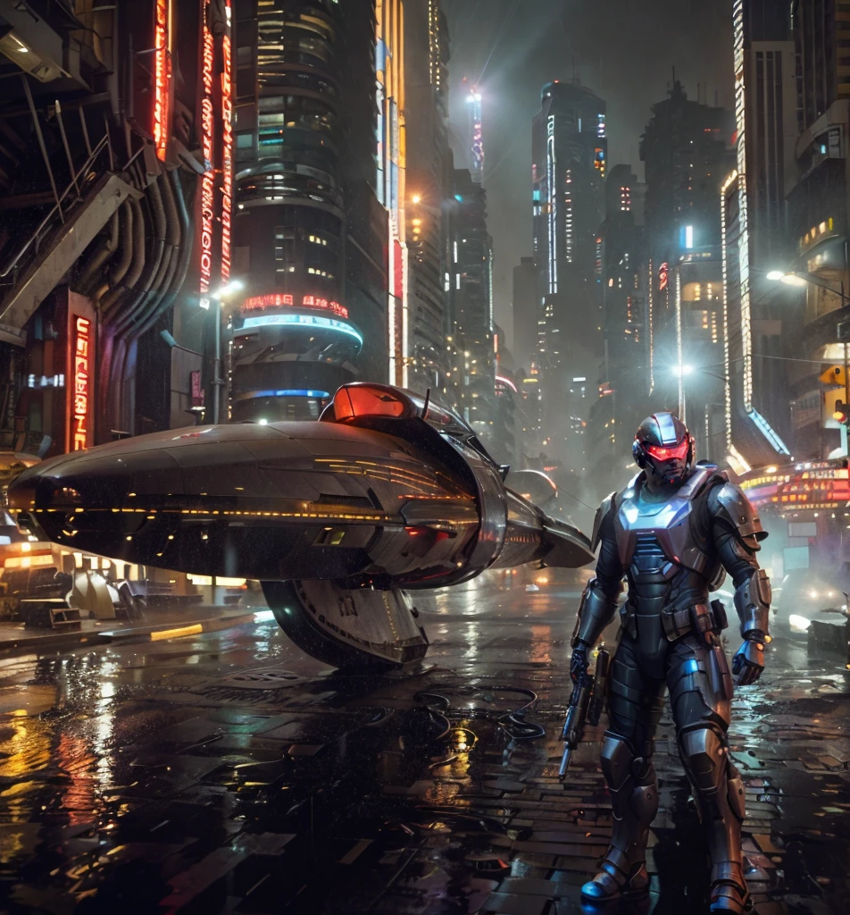 quickly: Cyberpunk street patrol setting:
Rio de janeiro, Brazil - Year (Distant future, If you have a desired year,Please specify year).
time: night.
weather: it's foggy, The wet streets reflect the neon lights of the city.
figure:
Officer X-17: A heavily armored robot type. Their cybernetic enhancements are evident, Maybe with glowing red eyes and metal limbs.
vip spaceship: a smooth one, An otherworldly spaceship just landed on the street, its presence dwarfs surrounding buildings. The ship's design hints at the immense wealth and importance of its owner.
detail:
The scene is a cyberpunk street, A towering mix of chaos, Neon skyscrapers and dirty alleys. Holographic ads flash on buildings, Cast colorful lights onto wet pavement.
Officer X-17 patrols the street with a stoic demeanor, Every step they take echoes off the smooth surface. Their advanced goggles can scan the environment, Look for any signs of trouble.
VIP spacecraft dominates the scene, Its undercarriage left skid marks on the street. hatch open, The red carpet unfolds dramatically, 暗示一個強大而神秘的figure的到來.
