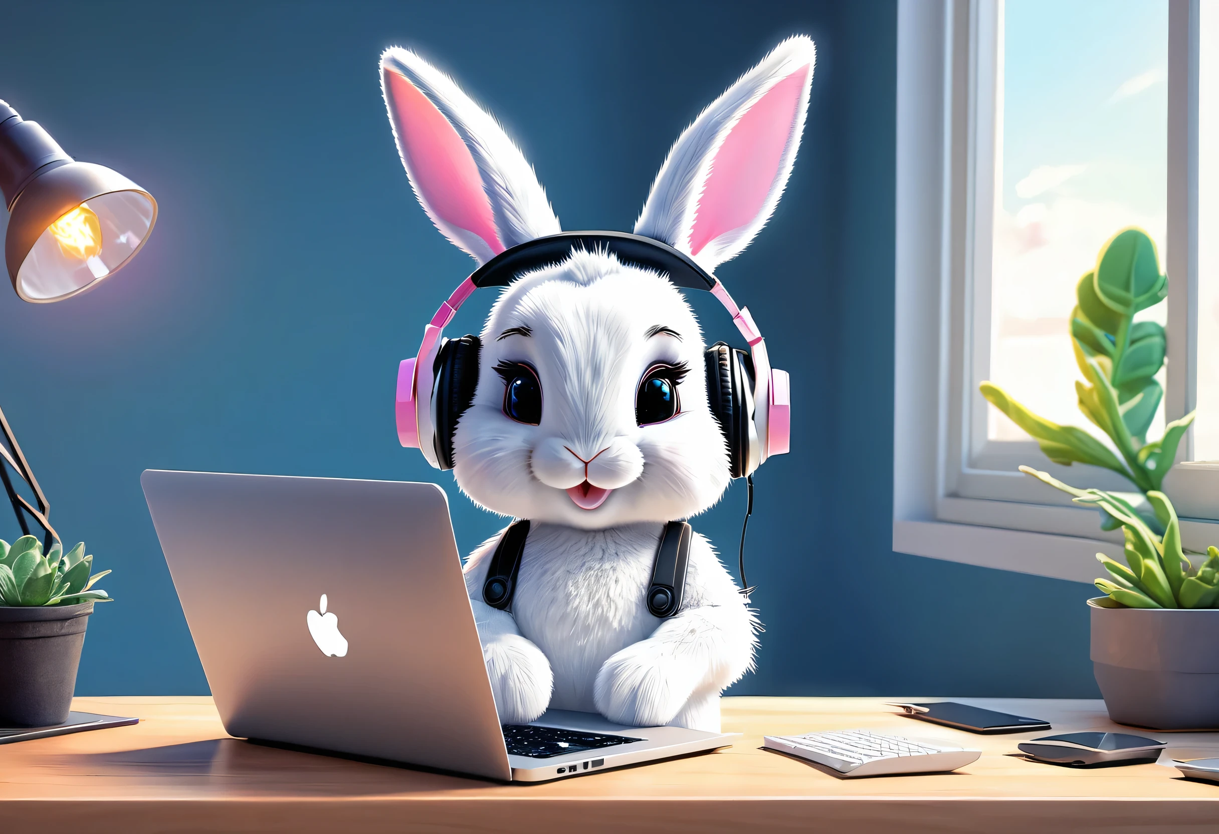 cartoon Rabbit wearing headphones sitting at a desk with a laptop, electrixbunny, Profile photo 1024px, rabbt_character, game, avatar image, Rabbit_bunny, 🐋 as 🐘 as 🤖 as 👽 as 🐳, gamer, adorable digital paintings, cute anthropomorphic bunny, splash art, cute digital art, Rabbit