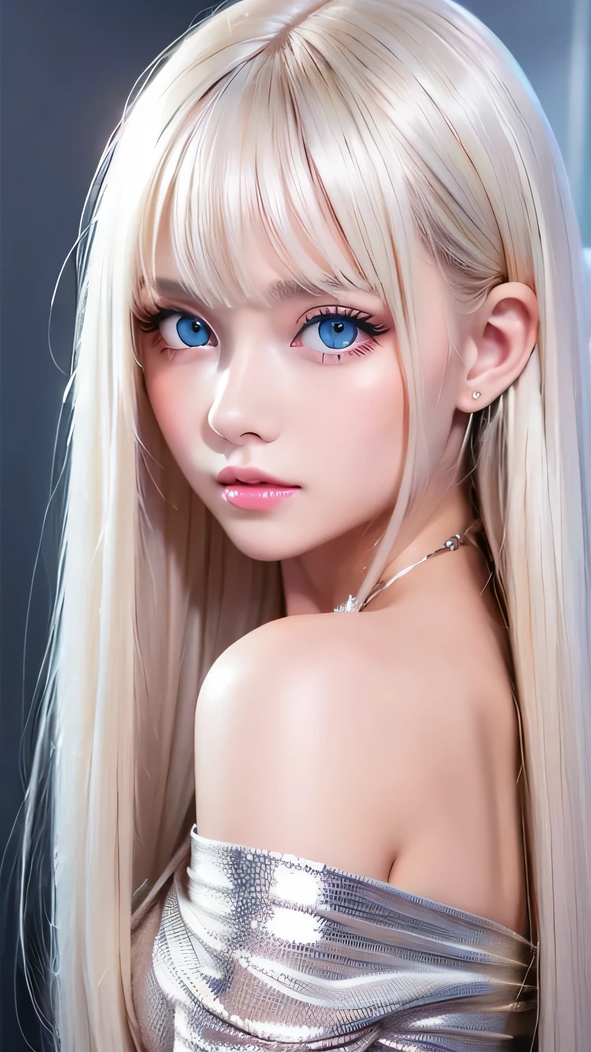 Exceptional sexy beauty、Beautiful calm and bright expression、sexy refreshing look、Perfect beautiful cute face with long bangs、Super long shiny platinum blonde straight hair、beautiful face hair、Very cute beautiful sexy young little woman、very perfect beautiful cute face、Large, bright, light blue eyes that shine beautifully、very big eyes、small face beauty、cheek gloss highlight