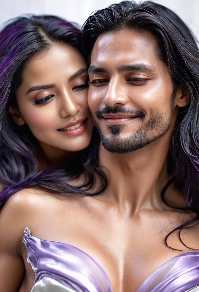 (((Two people)))A beautiful woman is on the left side of the picture.Head tilted back with passionate eyes,Dark black neat long hair hanging back(shiny hair), A beautiful woman wearing a white sheer silk gown,full breasts.Revealing dark purple underwear. (((Man topless)))A handsome man topless hugs a woman&#39;s waist from the front on the right side of the picture.Bury your face in her chest., best quality, actual, super detailed, finely, high resolution, 8K wallpaper, , sharp focus, Perfect dynamic composition, Beautiful and delicate eyes , Detailed actualskin texture, Smile, closeup portrait, Model figure