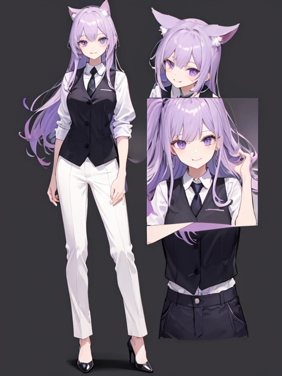purple,medium long hair,woman,suit,black vest,Shirt with rolled up sleeves,tie,pants,high heels,,simple background,smile,whole body,full body,full body,Standing picture,vtuber,upright,,Standing upright with face and body facing forward,