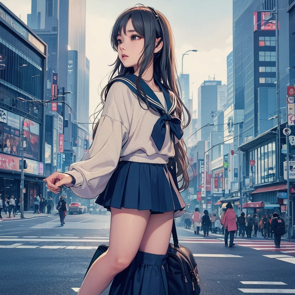 (masterpiece), (highest quality:1.4), (ultra high resolution:1.2),  super detailed background, (unity 8k wallpaper),Shibuya Ward、city pop、(headphones:1.2)、masterpiece, (anime girl alone:1.3), incredibly absurd, sailor suit,pedestrian crossing, outdoor, rain, Tokyo, neon light.high school girl、profile、full body shot、slender、tall、7 head and body、small face、