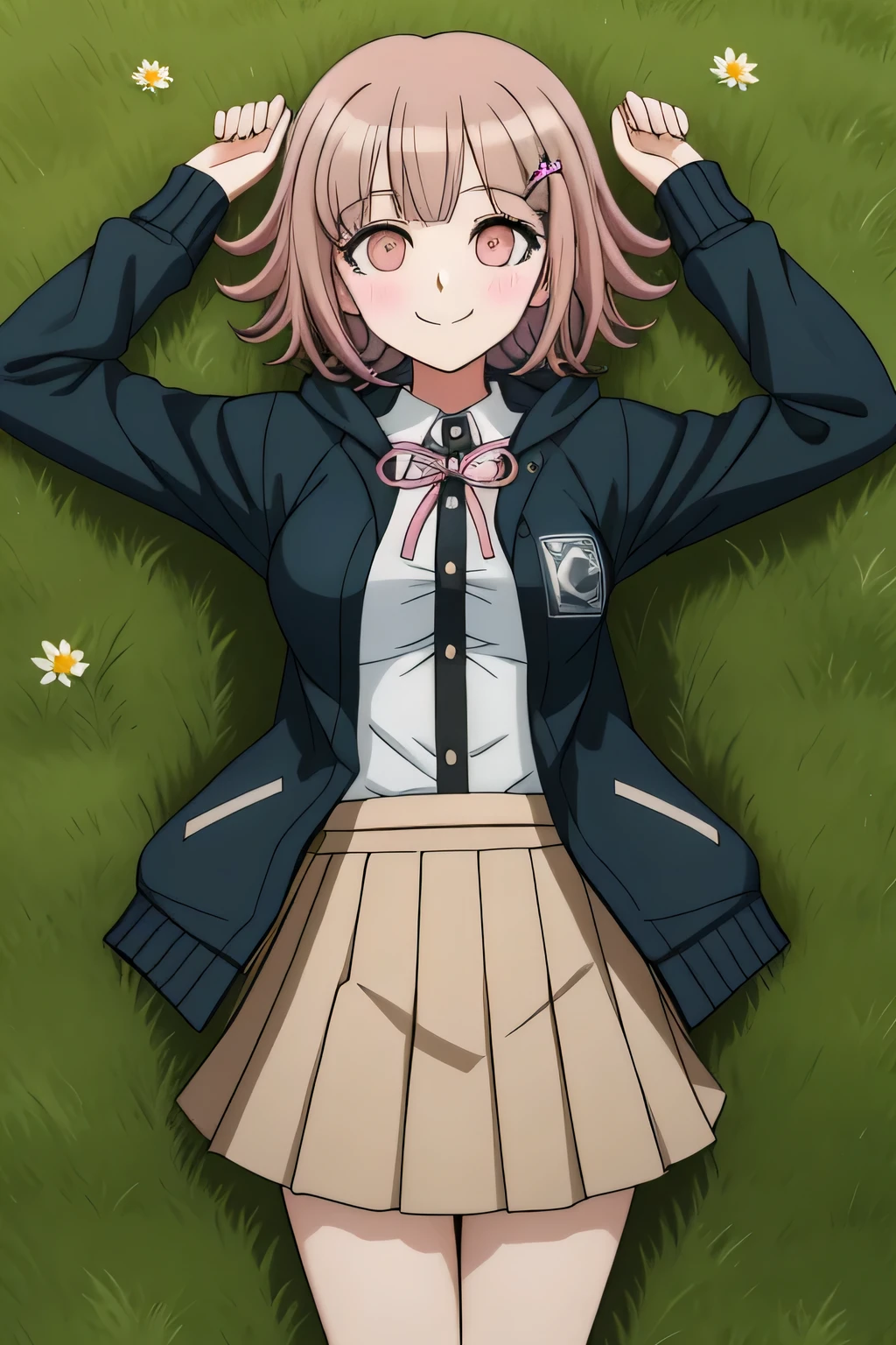 1girl, solo, hair ornament, shirt, jacket, ribbon, skirt, dress shirt, pink ribbon, open clothes, pleated skirt, white shirt, neck ribbon, collared shirt, hood, open jacket, looking at viewer, black jacket, long sleeves, shirt tucked in, brown skirt, hairclip, solo, on grass, on back, arms up, spread arms, cowboy shot, closed mouth, two-tone shirt, hooded jacket, breasts, medium hair, smile,