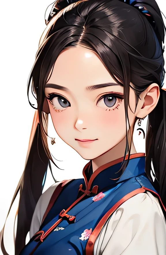 highest quality、realistic、Japanese、girl、zoom、cute、gray eyes、long hair、Pigtails、chestnut hair、all back、The forehead is protruding、blue cheongsam、cheongsam clothes、look down、big smile、Sweat、bust shot、thin、small breasts