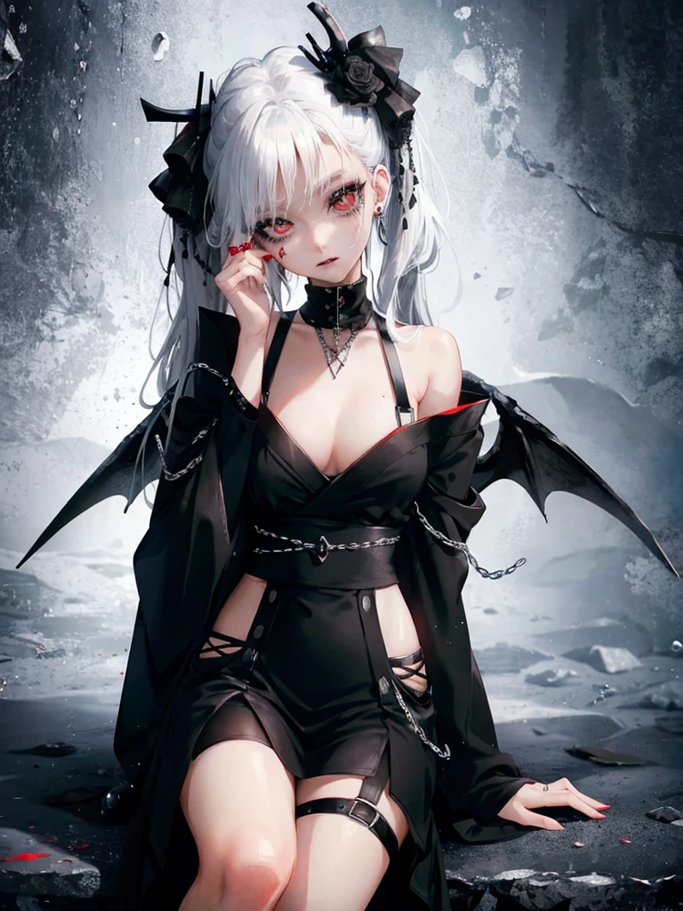 Masterpiece, best quality, high quality, ultra detailed, 1girl, looking at viewer, white hair, gray eyes, black lipstick, black shirt, sitting on a white floor, demon girl, gothcore, 1 7 - year - old, goth girl, japanese gothic, gothic punk style, black metal style, hands on head,.yurikiss