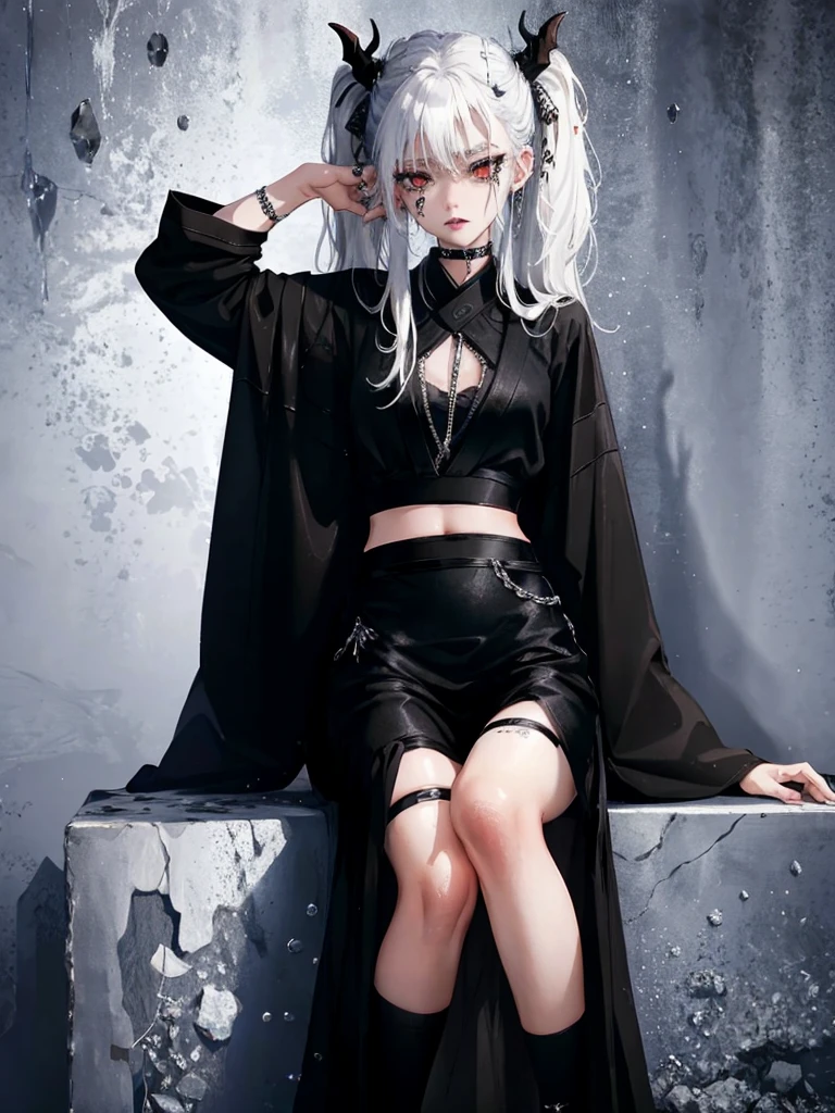 Masterpiece, best quality, high quality, ultra detailed, 1girl, looking at viewer, white hair, gray eyes, black lipstick, black shirt, sitting on a white floor, demon girl, gothcore, 1 3 -  - old,th girl, japanese gothic, gothic punk style, black metal style, hands on head,.yurikiss、Girl kissing girl、red eyes、