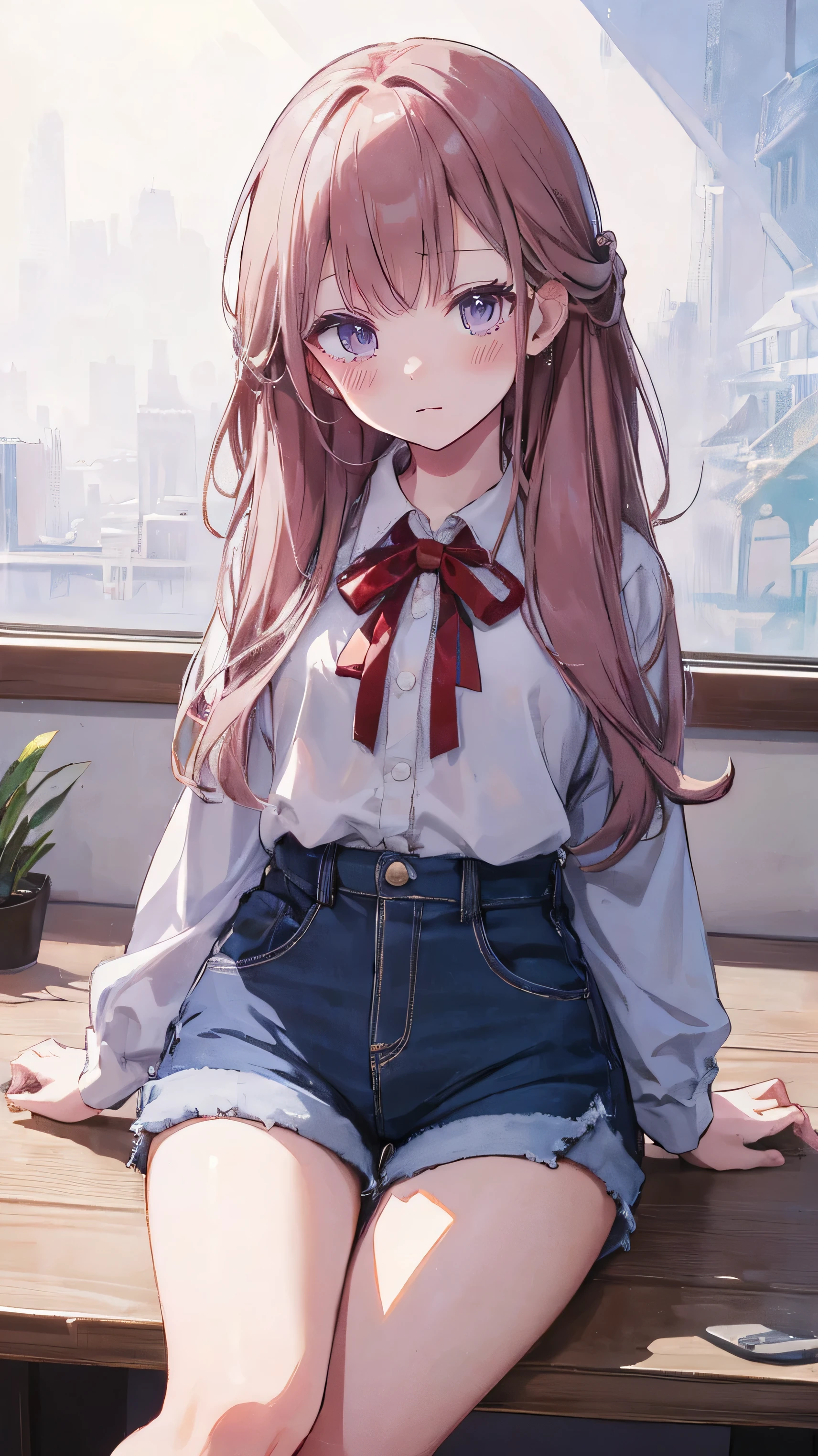 master piece、Highest image quality、highest quality、 ((panic))、glossy hair quality、small face、sitting、Super detailed and beautiful bright eyes、Super detailed clear and beautiful face、(cute illustration:1.2), High-resolution, ultra-detailed, best quality, embarrassed、(Gaps in shorts)