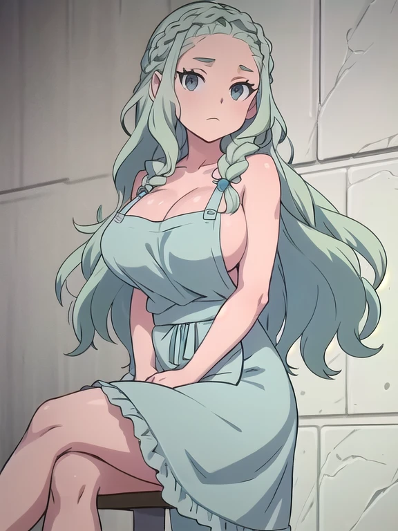 (best quality:1.1),(ultra detailed:1.1),solo,looking at viewer,Guel,light green hair,long hair,braid,gray eyes,wavy hair,large breasts, arms beside the body, portrait, {{{blue white short sexy apron}}},{{{naked}}}, {{{{{crossed legs}}}}} , {{{{{{{{standing}}}}}}}}}, 