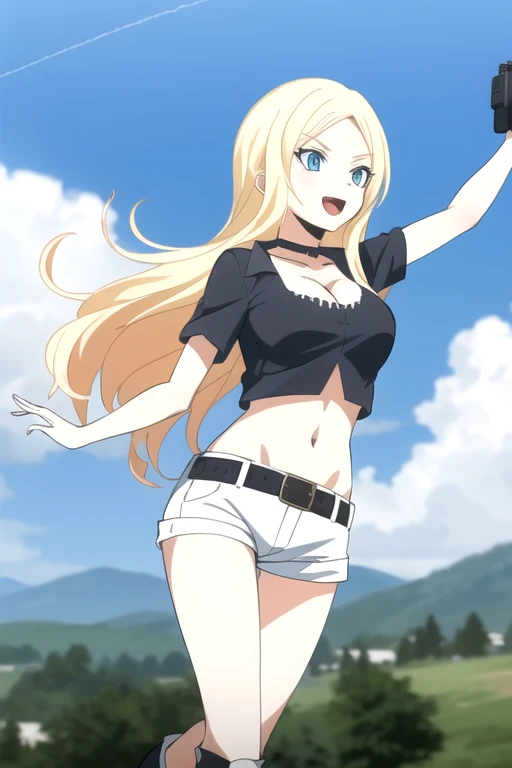 ultra high res, masterpiece, 1girl, IrinaJelaviÄR4, blonde hair, blue eyes, :d, short-shorts, belt, belt_buckle, , blue_sky, , buckle, choker, crop-top, gun holsters, cleavage, boots, cloud, cloudy_sky, condensation_trail, day, long_hair, navel, open_mouth, holding and aiming two pistols, outdoors, sky, smile, solo