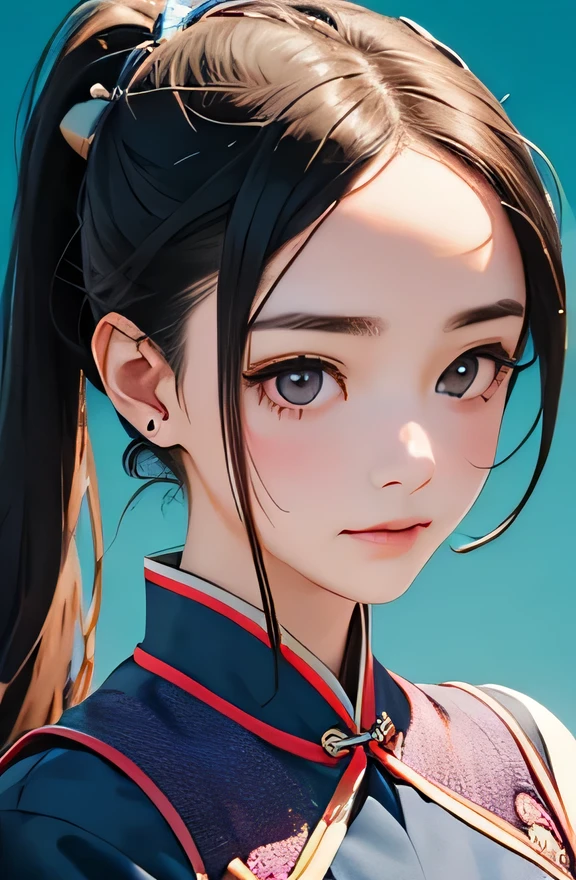 highest quality、realistic、Japanese、girl、zoom、cute、gray eyes、long hair、Pigtails、chestnut hair、all back、The forehead is protruding、blue cheongsam、cheongsam clothes、look down、big smile、Sweat、bust shot、thin、small breasts