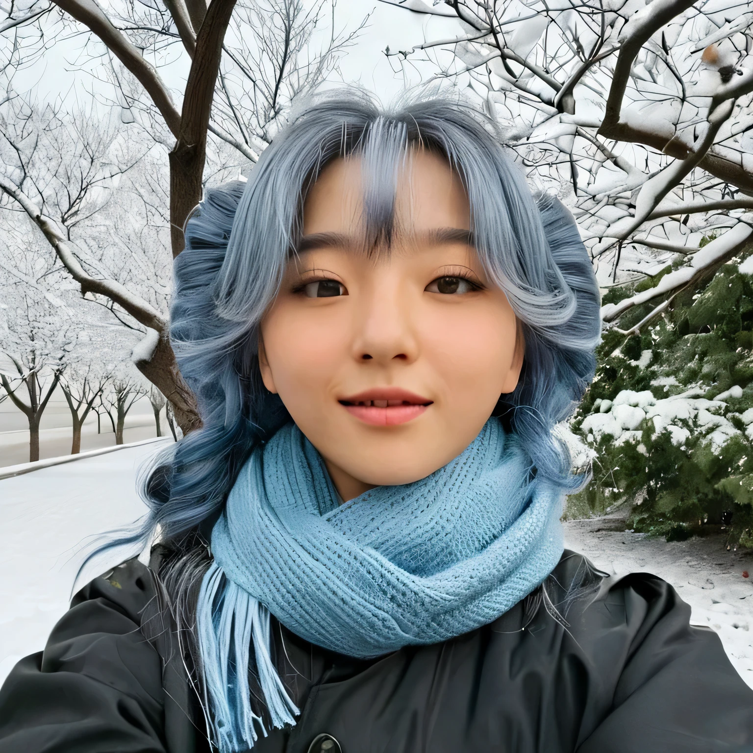 (high resolution, ultra-detailed, photorealistic), selfie of 1girl, sjang, tree branch blocking girl's face, shoulder-length gray blue hair with bangs, cotton scarf, black anorak, winter, snow, trees, realistic face, accurate, beautiful