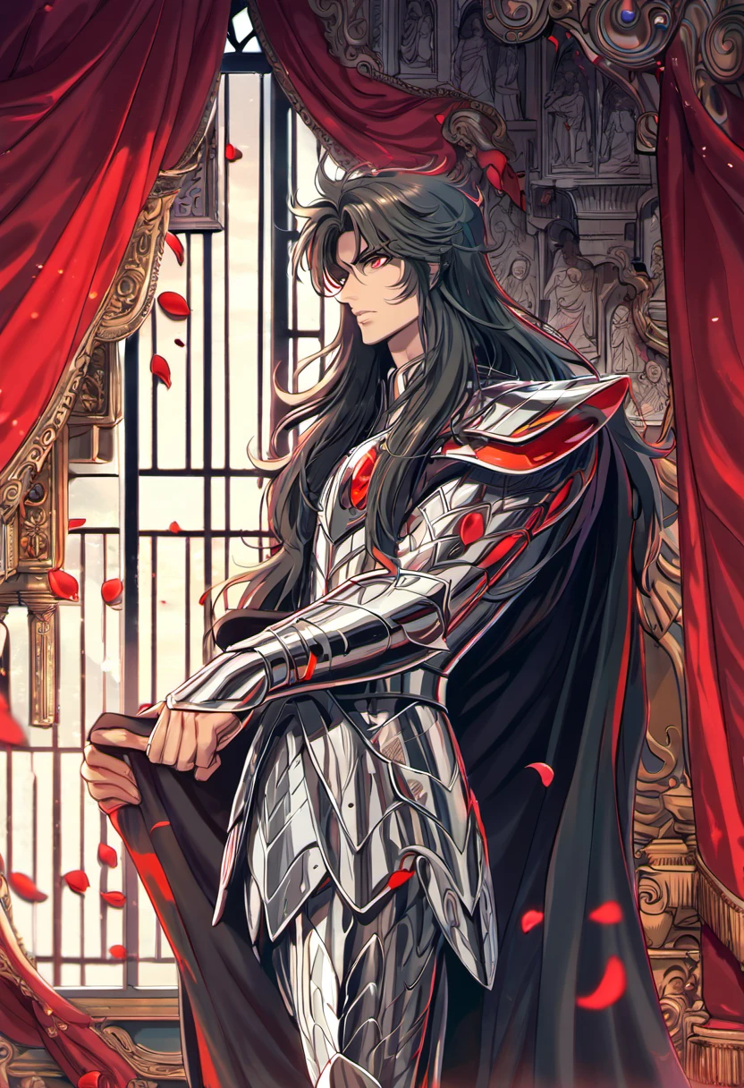 absurdres, highres, ultra detailed, HDR, master piece, best quality, Hades, untamed black long hair, expressive red eyes, Saint Seiya, 1man, handsome, window, red curtains, red petals, silver armor, black cape