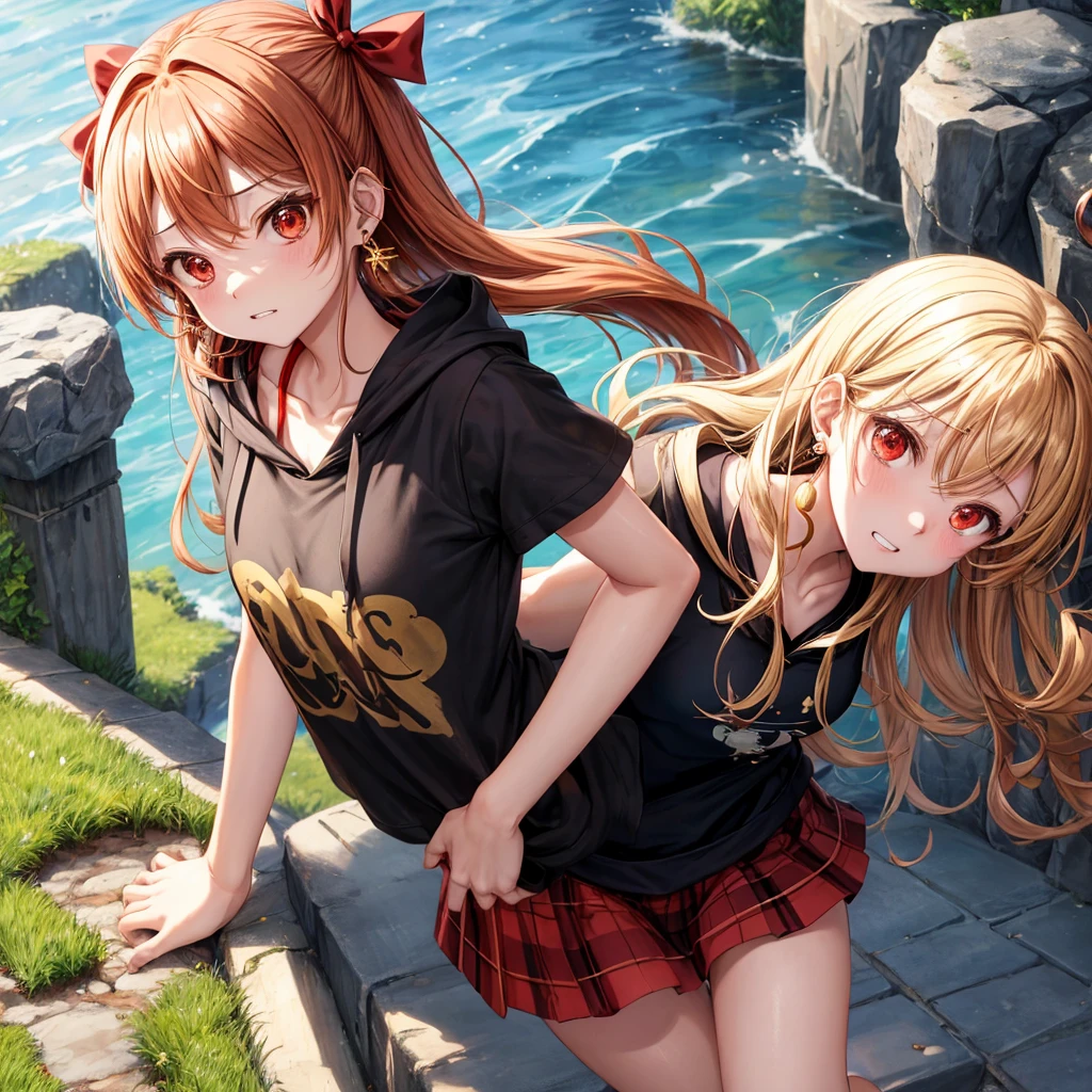 Brown, red, gold, golden hair、red eyes、one good looking girl、solo、anime、plaid mini skirt、black camisole、black t-shirt、hoodie、wearing a ribbon、ribbon at waist、Crystal Earrings、treasure石のネックレス、Light and shadow、Tilting face、teeth are visible、pillar、kind face、Kuroko、Diamond dust、grassland、Water running down the stairs、overflowing、Ants are walking、sulking、is increasing、treasure、Hope、wearing goggles on head