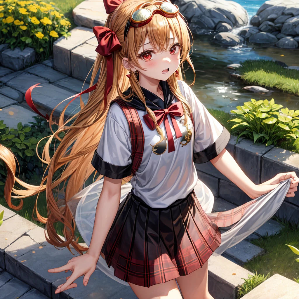 Brown, red, gold, golden hair、red eyes、one good looking girl、solo、anime、plaid mini skirt、black camisole、black t-shirt、hoodie、wearing a ribbon、ribbon at waist、Crystal Earrings、treasure石のネックレス、Light and shadow、Tilting face、teeth are visible、pillar、kind face、Kuroko、Diamond dust、grassland、Water running down the stairs、overflowing、Ants are walking、sulking、is increasing、treasure、Hope、wearing goggles on head