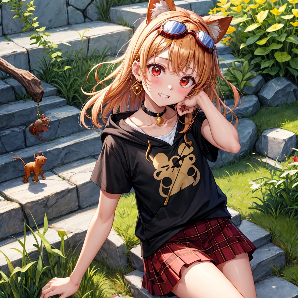Brown, red, gold, golden hair、red eyes、one good looking girl、solo、anime、plaid mini skirt、black camisole、black t-shirt、hoodie、wearing a ribbon、ribbon at waist、Crystal Earrings、treasure石のネックレス、Light and shadow、Tilting face、teeth are visible、pillar、kind face、Kuroko、Diamond dust、grassland、Water running down the stairs、overflowing、Ants are walking、sulking、is increasing、treasure、Hope、wearing goggles on head