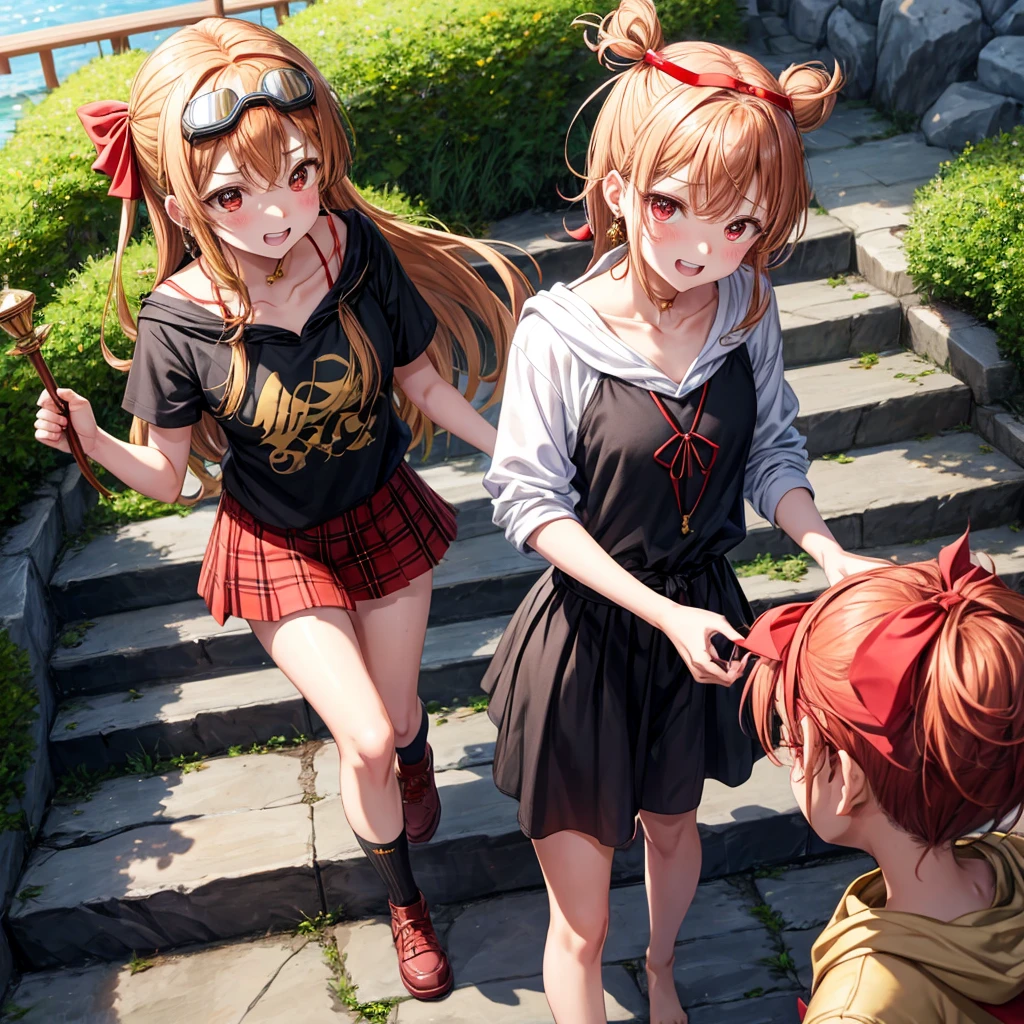 Brown, red, gold, golden hair、red eyes、one good looking girl、solo、anime、plaid mini skirt、black camisole、black t-shirt、hoodie、wearing a ribbon、ribbon at waist、Crystal Earrings、treasure石のネックレス、Light and shadow、Tilting face、teeth are visible、pillar、kind face、Kuroko、Diamond dust、grassland、Water running down the stairs、overflowing、Ants are walking、sulking、is increasing、treasure、Hope、wearing goggles on head