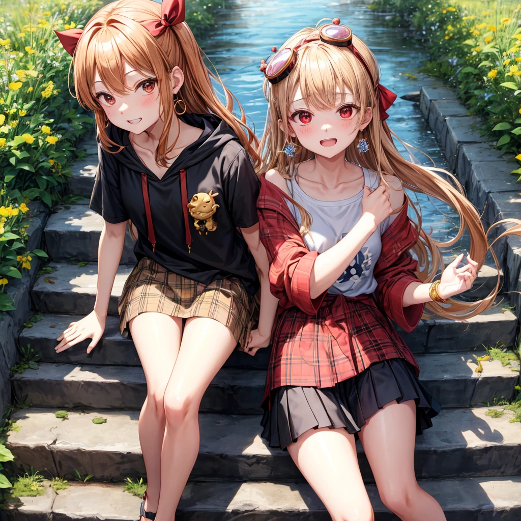Brown, red, gold, golden hair、red eyes、one good looking girl、solo、anime、plaid mini skirt、black camisole、black t-shirt、hoodie、wearing a ribbon、ribbon at waist、Crystal Earrings、treasure石のネックレス、Light and shadow、Tilting face、teeth are visible、pillar、kind face、Kuroko、Diamond dust、grassland、Water running down the stairs、overflowing、Ants are walking、sulking、is increasing、treasure、Hope、wearing goggles on head