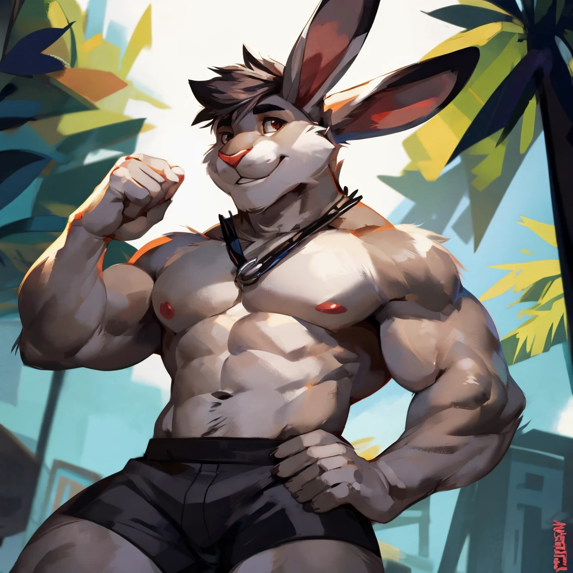 Medium muscular, rabbit, light gray, light gray rabbit, rabbit ears, eyes, brown eyes, perfect eyes, shirtless, in black shorts, By mystikfox61