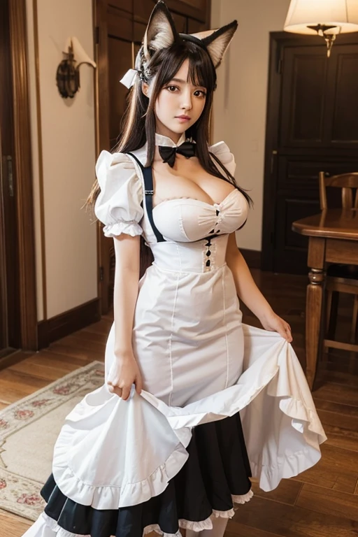 ((highest quality)), ((masterpiece)), (get used to it), perfect face, fox girl, Beautiful woman, public, It has a tail, she has a fluffy tail, she has a fox tail, she shows her tail, troubled face, She wears a maid outfit, beautiful hips, big breasts , big tail, Maid uniform tail