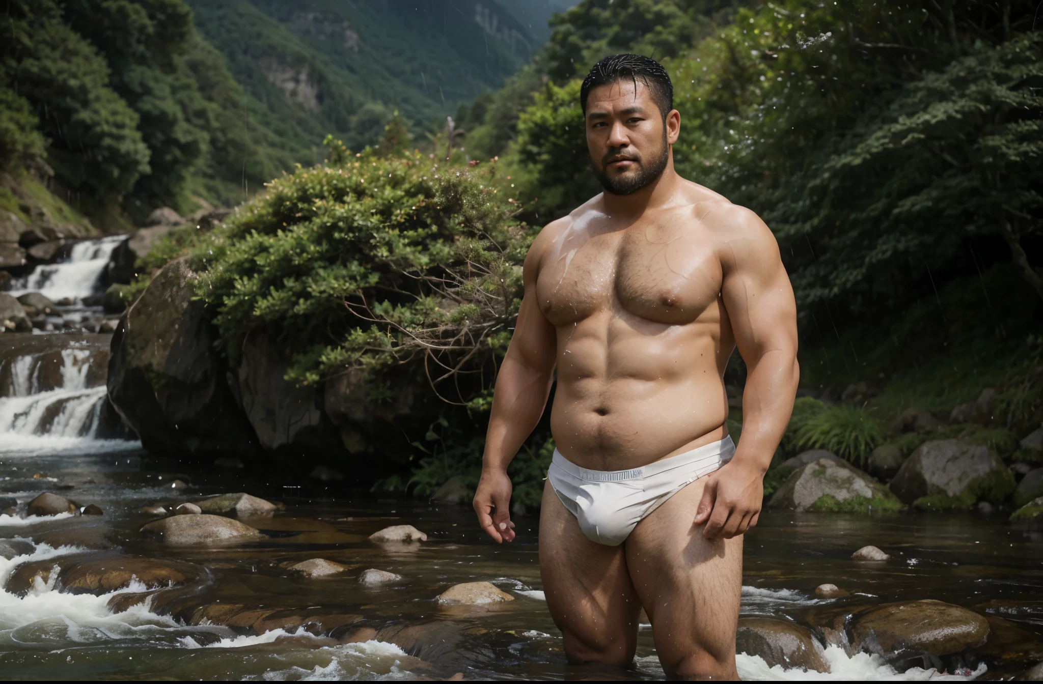 a 38-year-old Japanese former rugby player wearing soaked white brief stands by the mountain stream. stocky chubby thick 　short beard　very short hair　rain　big bulge of crotch　 shirtless