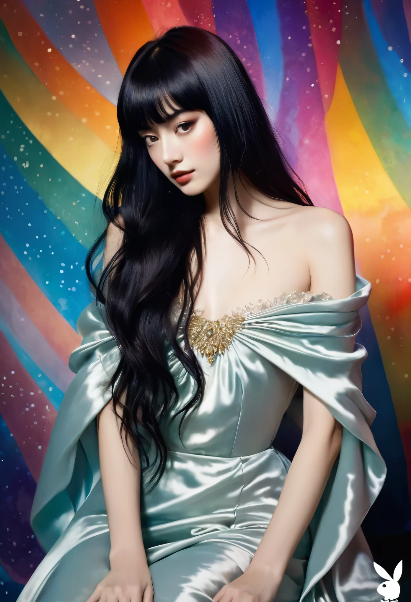 chiaroscuro technique on sensual illustration of an elegant queen (((long hair with bangs:1.4、Beautiful bangs) , vintage ,silky dress, matte painting, by John Singer Sargent, by Harumi Hironaka, abstract background, (upper body:1.5), Rainbow rain, highly detailed, digital artwork, high contrast, dramatic, refined, tonal, an intimate, seductive studio setting with a focus on sensuality and romance. Utilize soft, warm lighting that bathes the space in a gentle, inviting glow. Incorporate luxurious fabrics, plush furnishings, and a touch of decadence to evoke an opulent ambiance. The scene should exude an air of serenity and anticipation, inviting the viewer into a sensual and romantic space