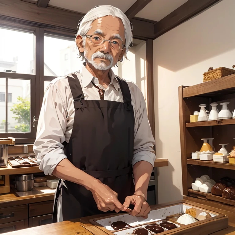 A very old wavy white haired short indian man works as chocolatier 