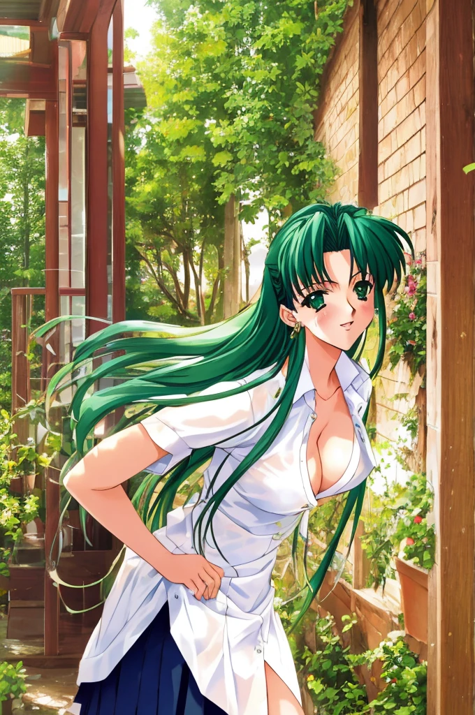 yamashina mizuho / Mizuho Yamashina, masterpiece, best quality, an attractive sexy mature woman in very short outfit is posing under the sun in grassy area, 1girl, solo, topless, nipples, breasts, white shirt, lacy underwear, cleavage, thong panties, open shirt, bewitching smile, open clothes, long hair, navel, sexy female teacher, long hair, asymmetrical bangs, green hair, medium breast, nice ass, green eyes, slender face, beautiful tits, beautiful ass