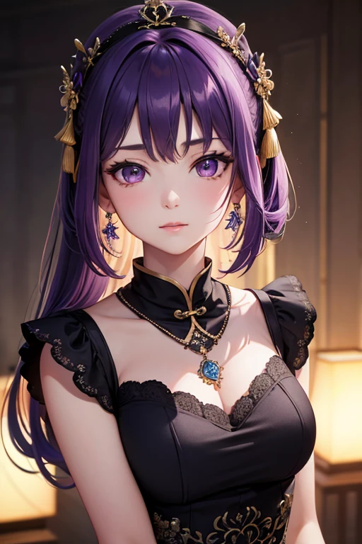 best quality, masterpiece, high resolution, 1 girl, Chinese dress, Purple hair accessories, necklace, jewelry, pretty face, above_Body, Tyndall effect, lifelike, dark studio, edge lighting, (High detail skin:1.2), 8K uhd, soft light, high quality, Volumetric lighting, frank, photo, High resolution, 4K, 8K, Bokeh, 