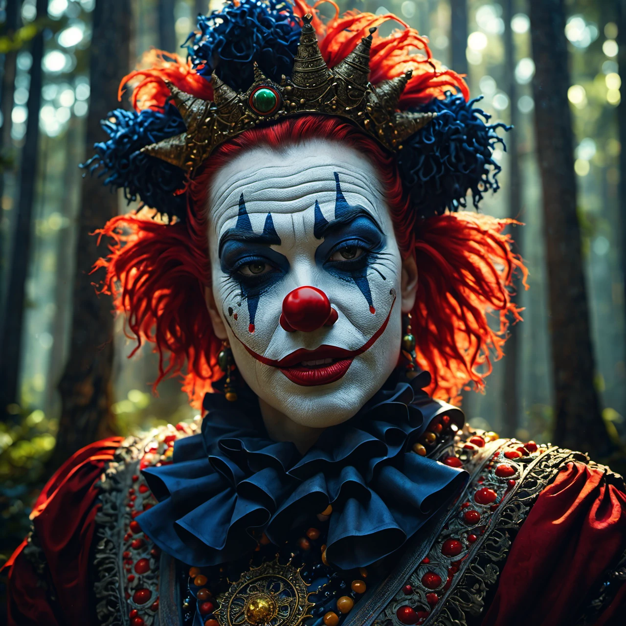 Commercial photography of a clown with mouth opened wide in a pine forest with a circus tent in the background and a camp fire (foggy:1.2), silhouetted in soft shadow (full body photograph:1.2) , uhd photorealisitc authentic psychotic angry madman wearing ornate clown costume and intricate voodoo makeup, shoulders, intricate details, vivid colors, frightening surroundings, correct details, in the style of amano, karol bak, akira toriyama, and greg rutkowski , perfect composition, beautiful detailed intricate insanely detailed octane render trending on artstation, 8 k artistic photography, photorealistic concept art, soft natural volumetric cinematic perfect light, chiaroscuro, award - winning photograph, masterpiece, oil on canvas, raphael, caravaggio, greg rutkowski, beeple, beksinski, giger, perfect composition, beautiful detailed intricate insanely detailed octane render trending on artstation, 8 k artistic photography, photorealistic concept art, soft natural volumetric cinematic perfect light, chiaroscuro, award - winning photograph, masterpiece, oil on canvas, raphael, caravaggio, greg rutkowski, beeple, beksinski, giger, (beautiful supermodel:1.1) resting her head on her hands detailed background bokeh