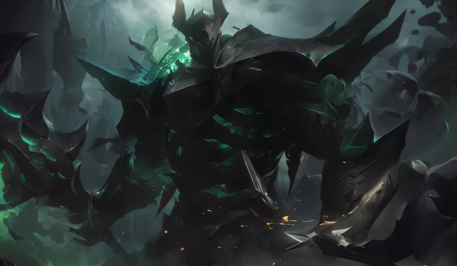 knight、armor、cool、Large size、Barbed Mace、long sword、monster、black armor、Two-horned helmet、Demonic world、Green Flame