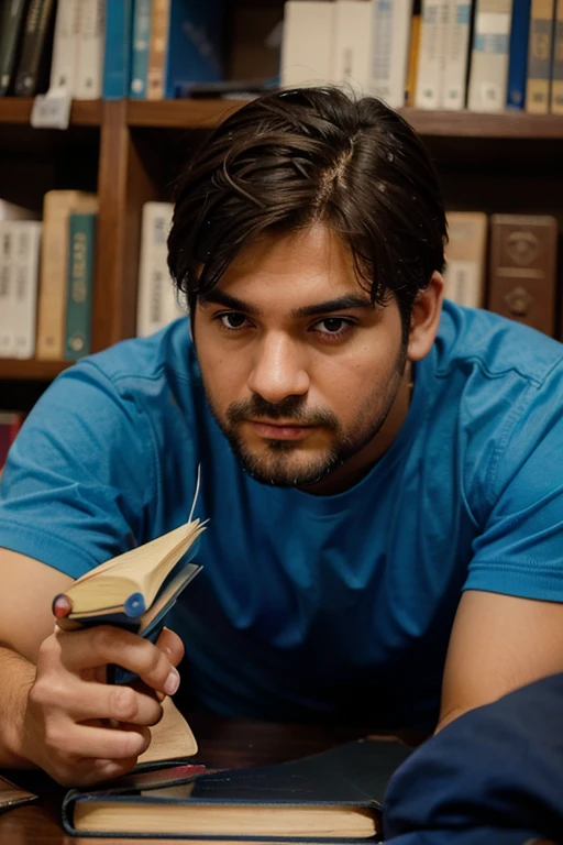 hombre rubio con polera azul con manos cruzadas esperando con fondo de biblioteca