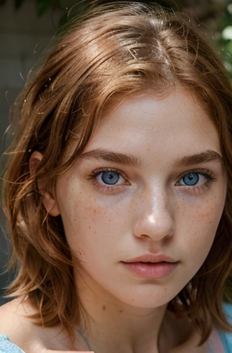 20-year-old girl, angelic face, heterochromia, different color eyes, 1 light blue eye, 1 dark brown eye, super defined freckles, copper orange hair color, looking at camera, blush, natural face, serious expression, wavy hair, short neck-length hair, defined nose, Abundant eyelashes, abundant eyebrows, super defined lips, raised lips, perfect lips, pink lips, pointed lips, natural lighting, portrait, pronounced cheekbones, defined jaw, hyper-realistic, high definition, front face
