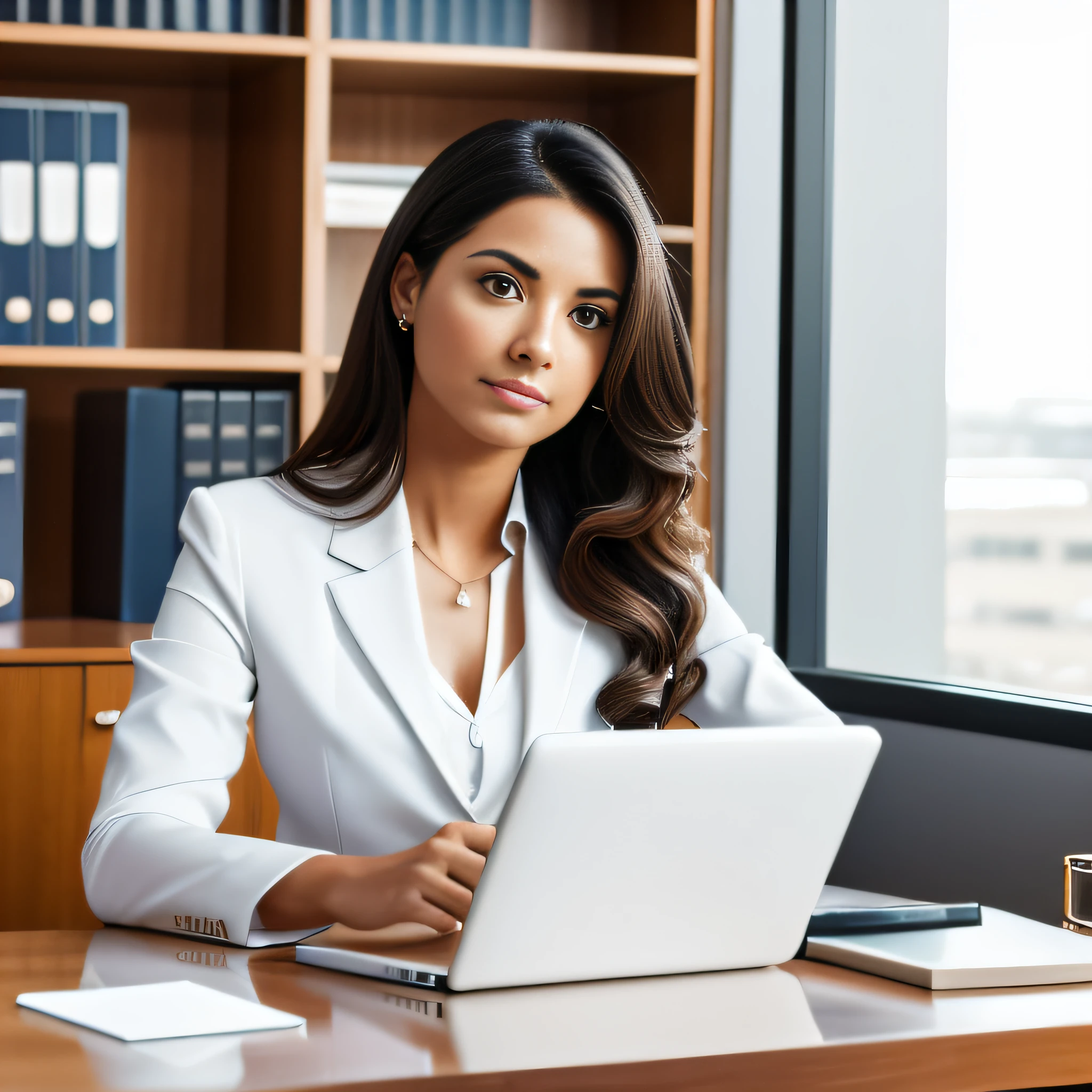 A lawyer looking directly into the camera, authentic and unique in your office. Pele branca, Cabelo escuro, olhos e sobrancelhas, contrastando com sua pele clara. Rosto muito pequeno e delicado. She is dressed elegantly, with black knee-length pencil skirt, acompanhada por uma blusa de seda branca com decote discreto e um blazer azul marinho solto jogado casualmente sobre os ombros. Her hair is down to her shoulders, dando um toque feminino e moderno ao seu visual profissional. The office is illuminated by natural light from a large window, giving the scene a warm tone. The lawyer is standing, leaning on the edge of his rustic wooden table, cercado por uma mistura de documentos legais, livros de direito e um laptop aberto. In one hand rests lightly on the table, next to an almost empty coffee cup. His expression is one of determination and focus, seus olhos fixos em um ponto fora do quadro, like she&#39;s thinking about her next move. The back of the office has a bookshelf filled with volumes old and new, with some diplomas and awards hanging on the wall next to it. The office itself feels alive and personal, com plantas verdes aqui e ali, fotos em molduras, e pequenos objetos de arte espalhados, reflecting your authentic self, personalidade individualista. The image must convey the essence of a confident lawyer, inteligente e independente, who is not afraid to stand out and do things her way