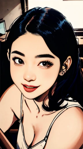 13 year old Bang Eun Jung, dress, small cleavage, school, classroom, ultra-detailed, realistic colors, beautiful detailed eyes, beautiful detailed lips, long eyelashes, expressive face, adorable smile, adorable appearance, 4k resolution, studio lighting, (high angle shot: 1.2)